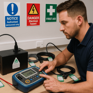 PAT Testing Diploma Level 8 course image showing technician testing electrical equipment with PAT tester.