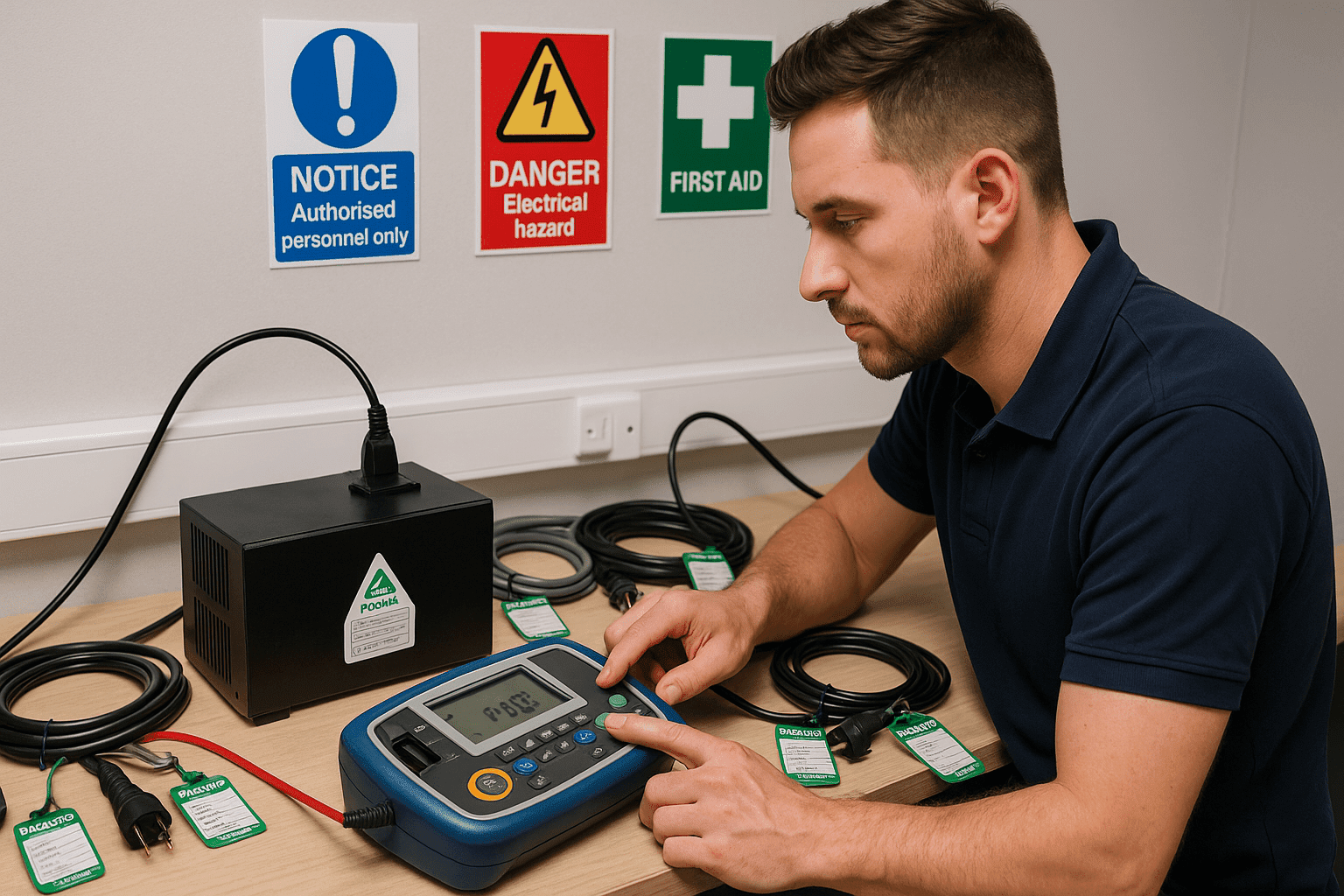 PAT Testing Diploma Level 8 course image showing technician testing electrical equipment with PAT tester.