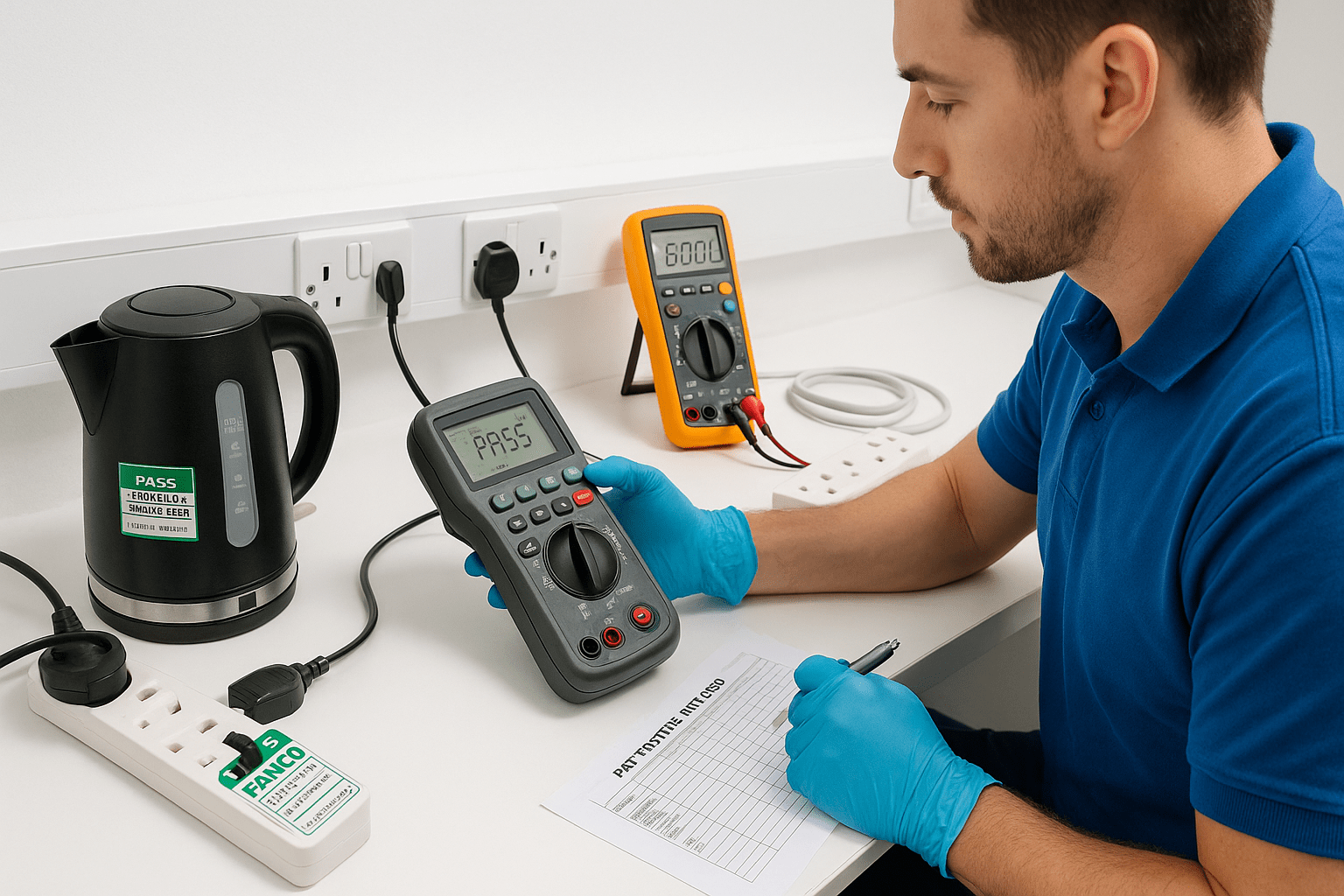 PAT testing techniques shown through a technician inspecting electrical equipment with testing tools.