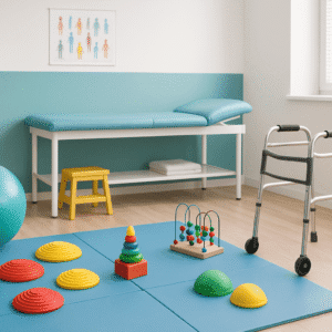 A modern clinical workspace showing pediatric physiotherapy equipment for the pediatric physiotherapy course.