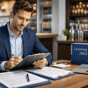 Personal licence course showing a UK hospitality professional reviewing licensing documents and compliance checklists