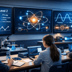 Students studying physics level 2 with motion diagrams, electric circuits and wave models on digital screens