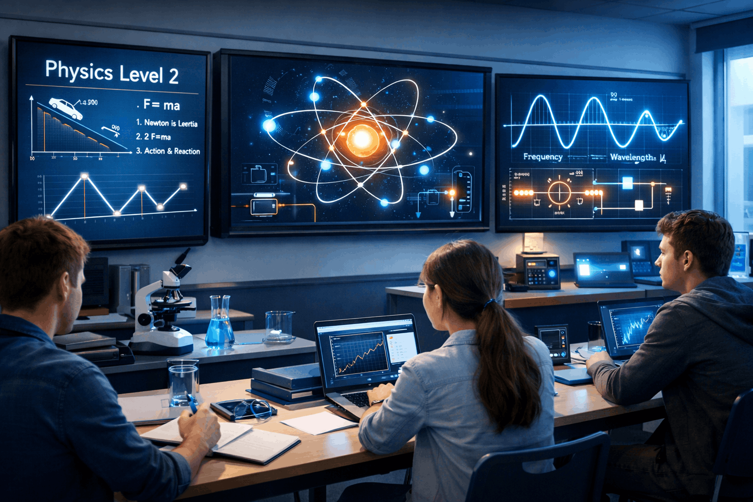 Students studying physics level 2 with motion diagrams, electric circuits and wave models on digital screens