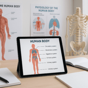 Physiology diploma image showing human anatomy diagrams and study tools in a modern learning setting.