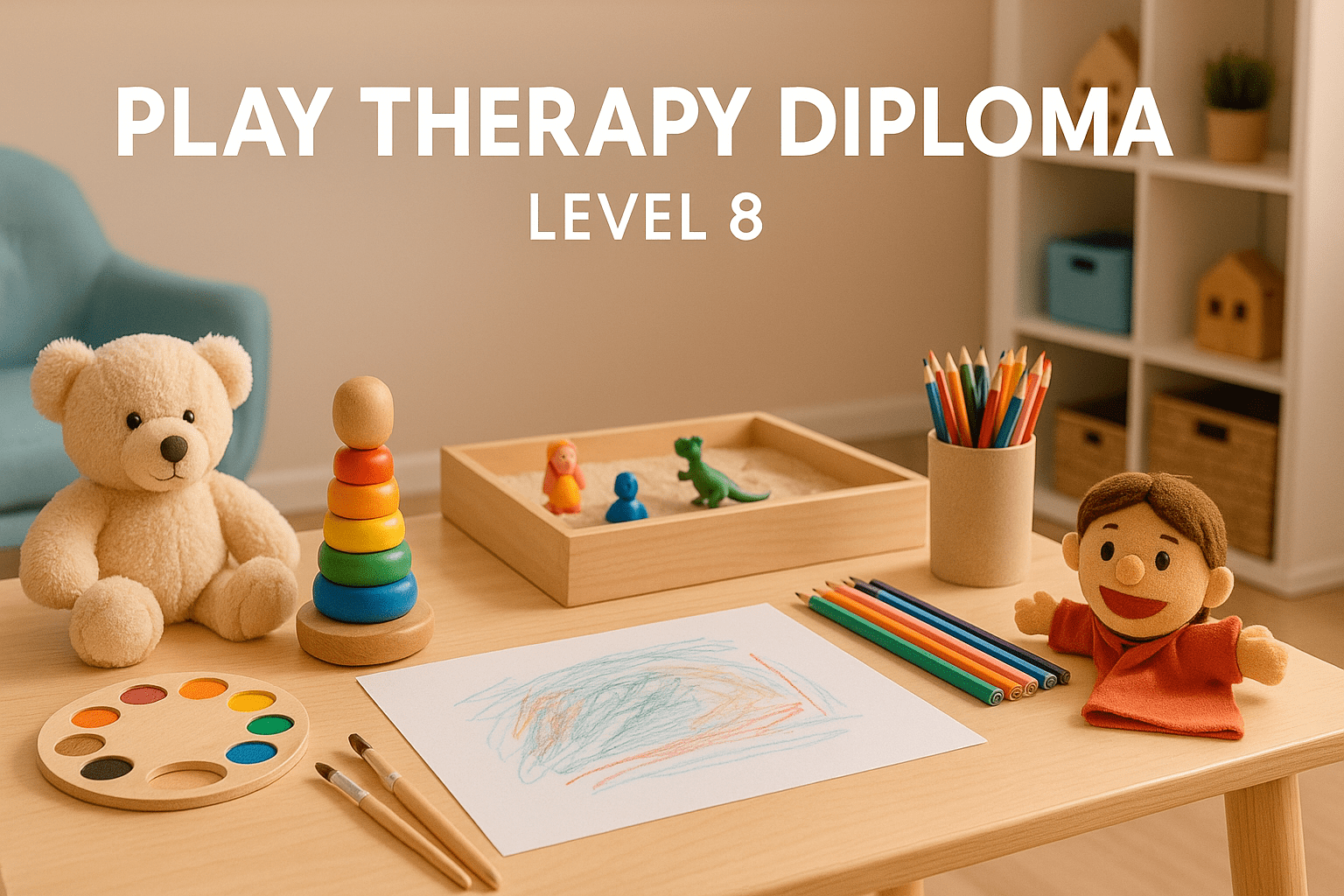 Modern UK play therapy diploma workspace with toys, art tools, and child-focused materials.