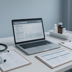A modern UK clinical workspace with tools and documents for practice nurse training Level 8 diploma.