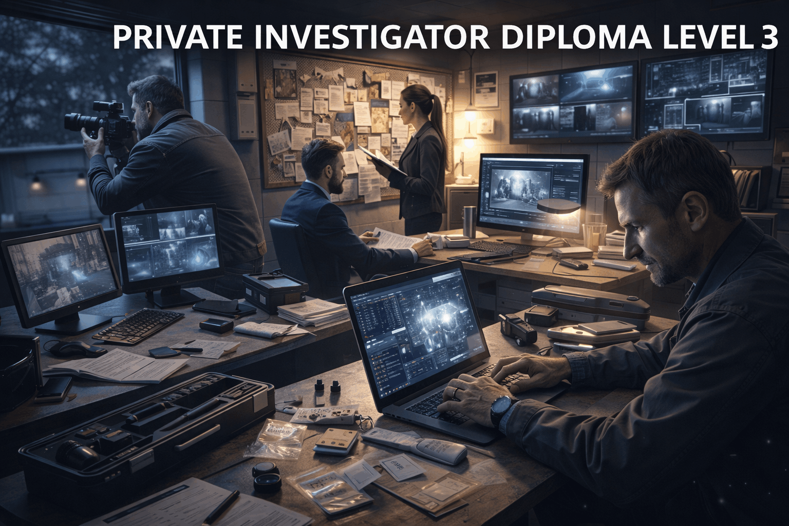 Private Investigator Diploma Level 3 showing investigators using surveillance equipment, forensic tools, and cyber analysis in professional settings