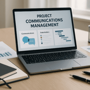 Professional workspace showing project communications management tools, charts and digital dashboards.