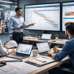 Project engineering diploma showing planning tools, project schedules, risk analysis, budgeting dashboards, and engineering teamwork