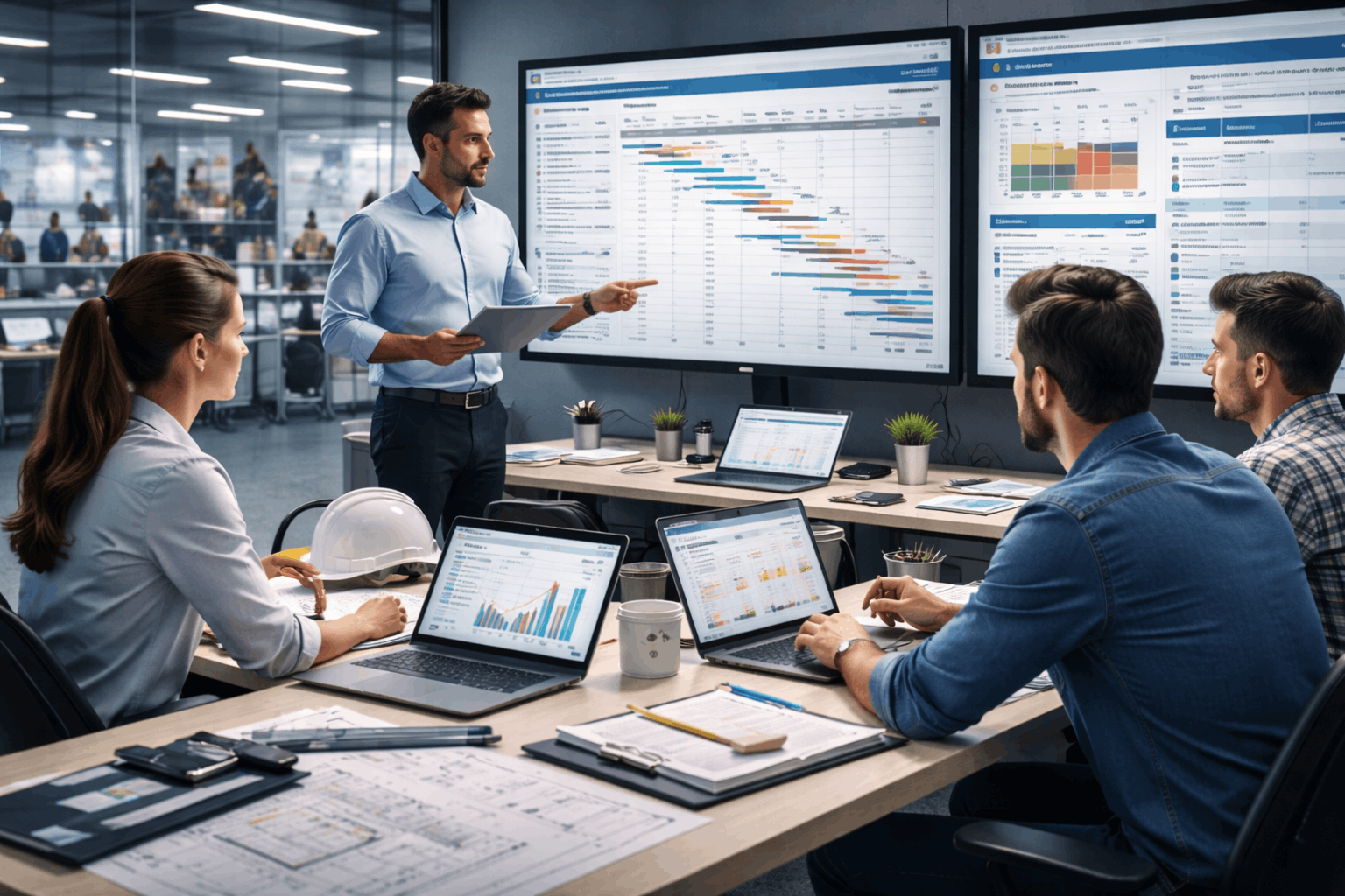 Project engineering diploma showing planning tools, project schedules, risk analysis, budgeting dashboards, and engineering teamwork