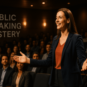 confident speaker presenting on stage during public speaking mastery training