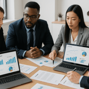 Professional team reviewing purchasing data and tools, highlighting purchasing mastery for business efficiency.