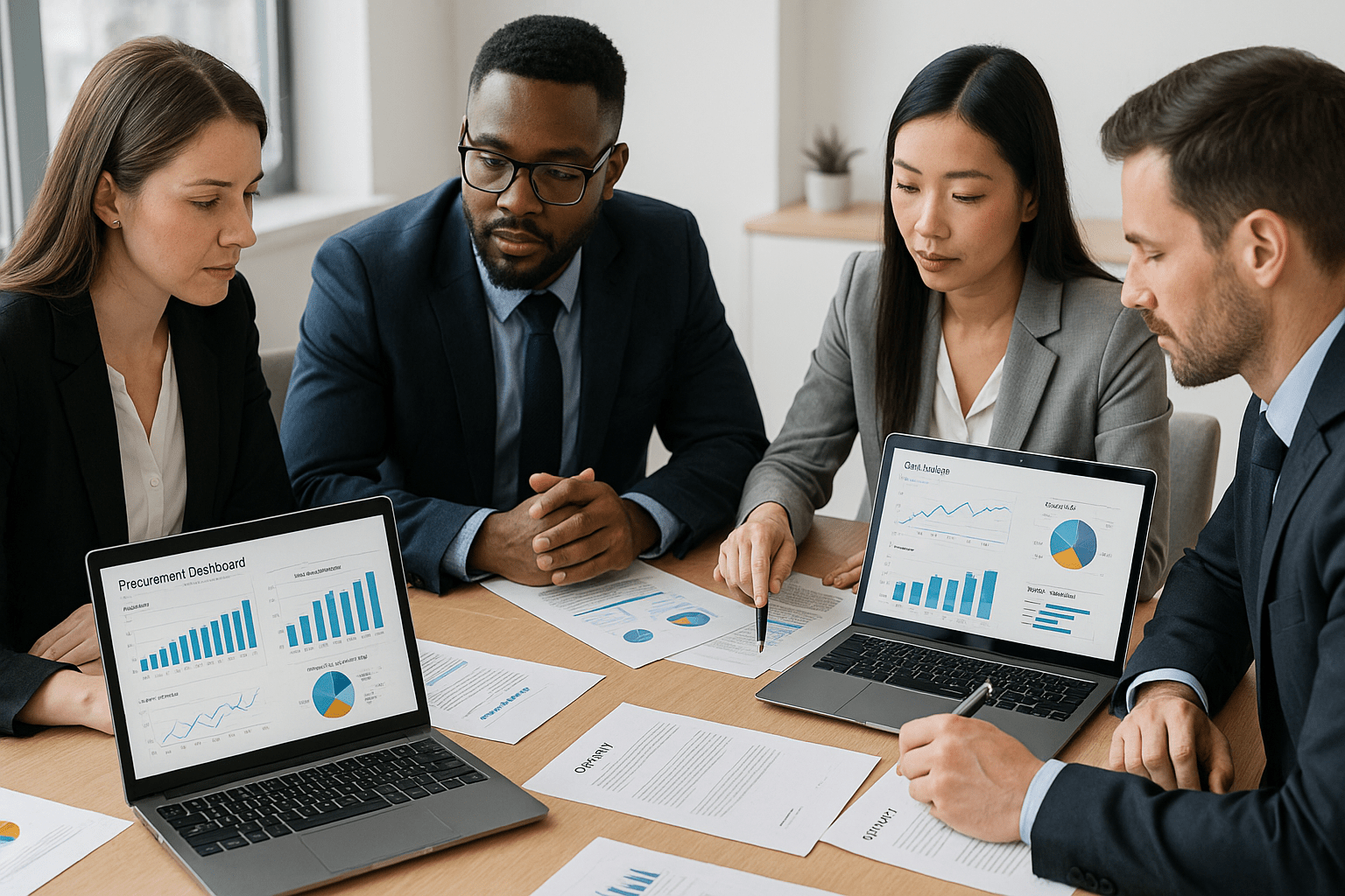 Professional team reviewing purchasing data and tools, highlighting purchasing mastery for business efficiency.