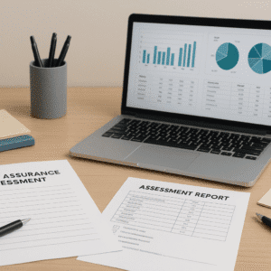 Work desk with assessment documents, charts, and laptop used for Quality Assurance Assessment tasks.