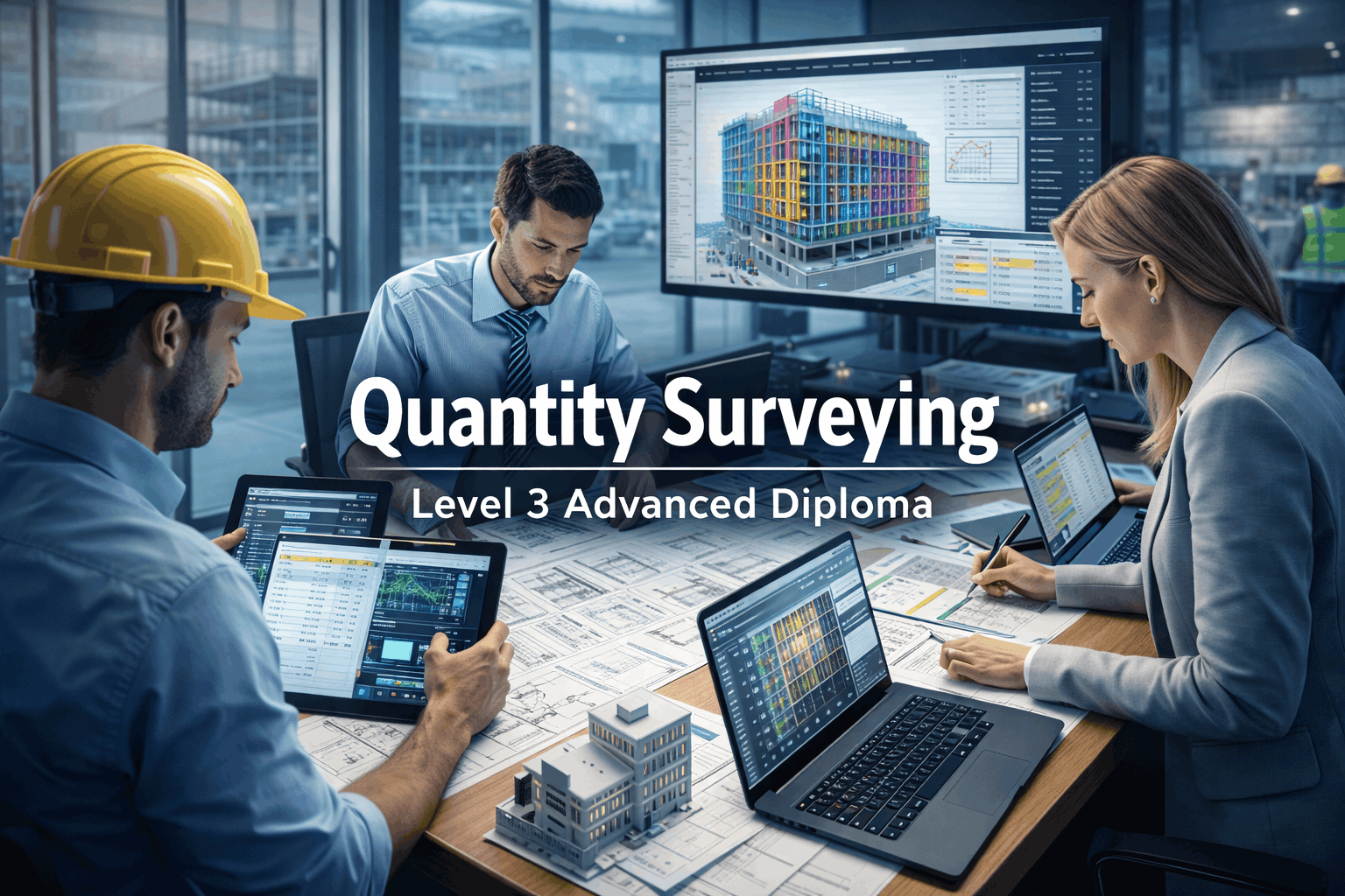 Quantity surveying training showing construction cost plans, BIM models and professional site and office measurement work