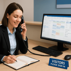 Receptionist training course scene showing a receptionist managing calls, emails, schedules, and Microsoft Office tasks at a modern desk.
