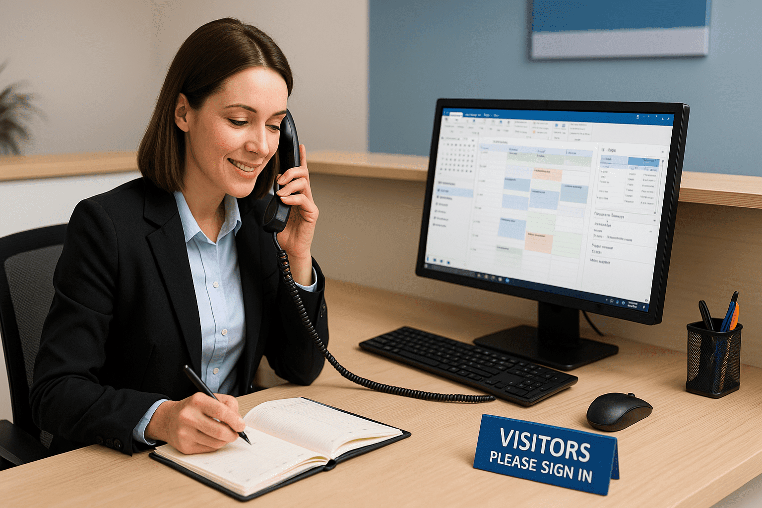 Receptionist training course scene showing a receptionist managing calls, emails, schedules, and Microsoft Office tasks at a modern desk.