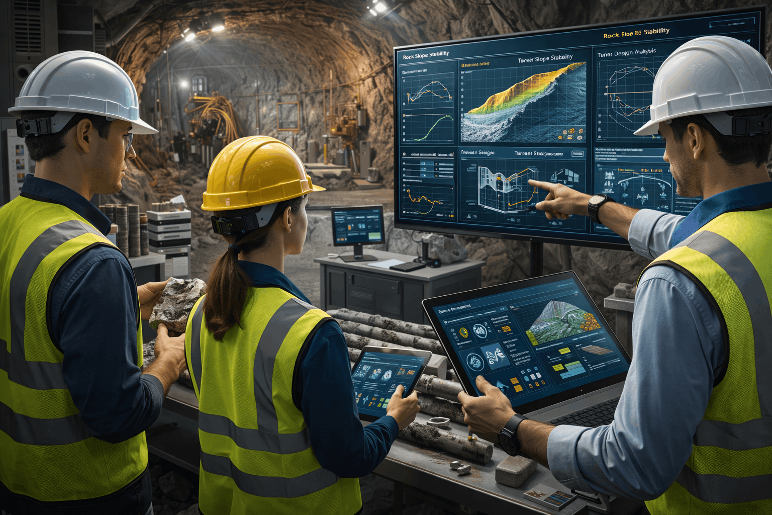 Rock mechanics level 3 students analysing rock cores, slope stability models and tunnel design data