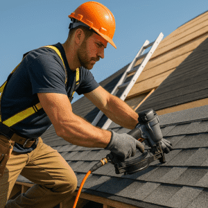 Professional roofer installing shingles on pitched roof with tools, illustrating roofing fundamentals training.