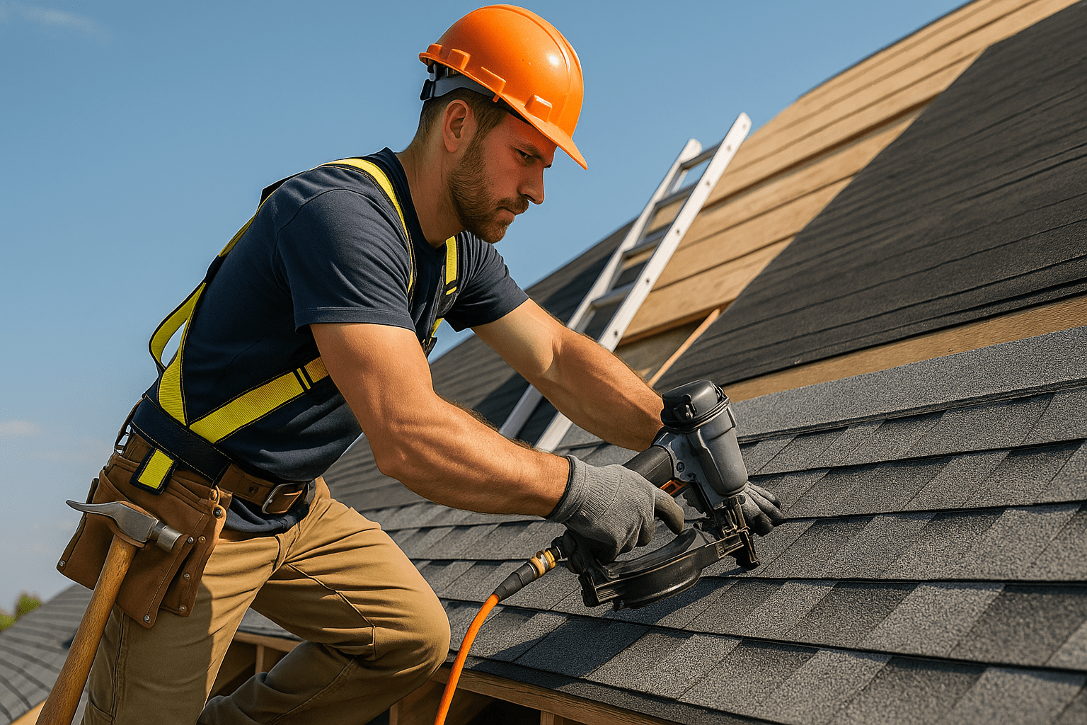 Professional roofer installing shingles on pitched roof with tools, illustrating roofing fundamentals training.