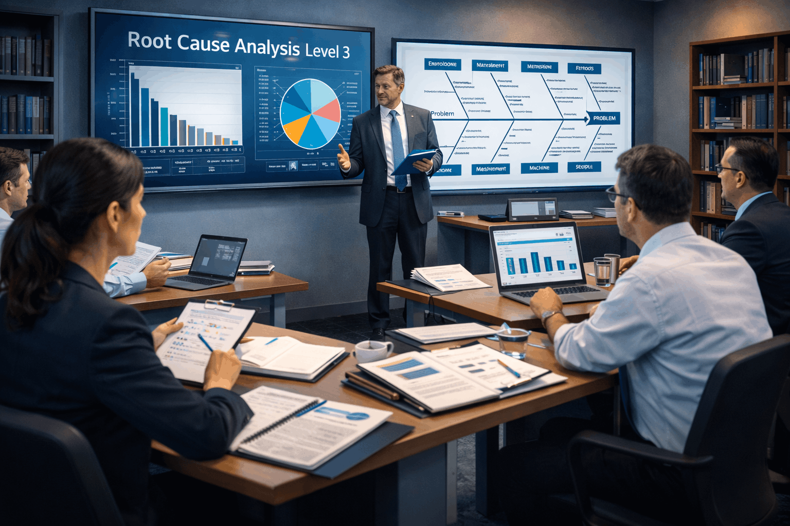 Root cause analysis Level 3 students analysing problems using fishbone diagrams, data charts and RCA tools in a professional setting