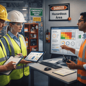 Safety Engineering Diploma showing engineers assessing hazards, emergency preparedness, and workplace safety compliance
