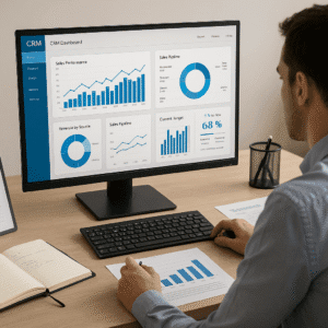 A student reviewing sales charts, CRM dashboards, and performance reports, representing key concepts of the sales management course.