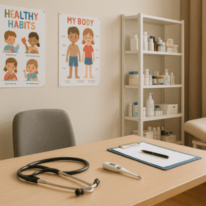 School nurse training scene showing a modern school health room with assessment tools and child-focused care equipment.