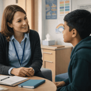 School welfare officer training showing a professional supporting students in a school wellbeing and safeguarding setting