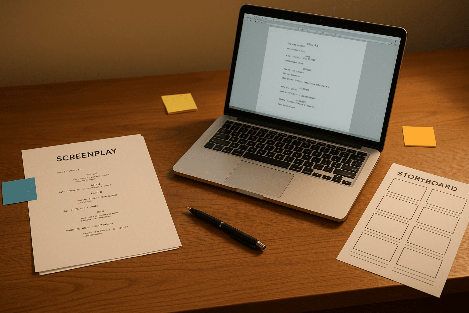 Screenwriting advanced diploma concept with script pages, laptop, pen, and storyboard on a clean desk in a film-writing workspace.
