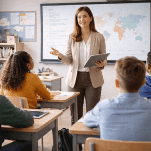 Secondary school teacher delivering an engaging lesson in a UK classroom as part of the Secondary School Teacher Diploma Level 3