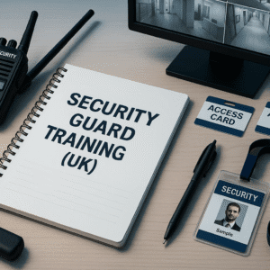 Security guard training scene with UK-style security tools, patrol equipment, and a professional learning setup.