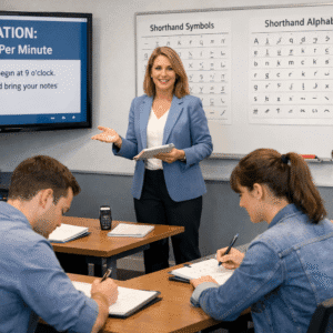 student practicing shorthand writing course using symbols and notebooks in a professional learning environment
