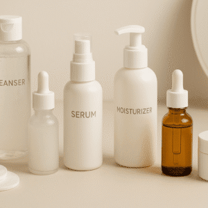 Skincare Essentials image showing skincare products, clean workspace, and morning routine items for a beginner-friendly skincare course.