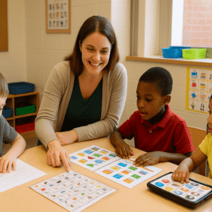 Modern SEN classroom scene showing a teacher supporting diverse learners, representing the special education needs teacher course.