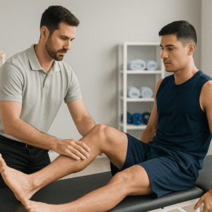 Professional sports rehabilitation therapy session with athlete receiving guided support and assessment.
