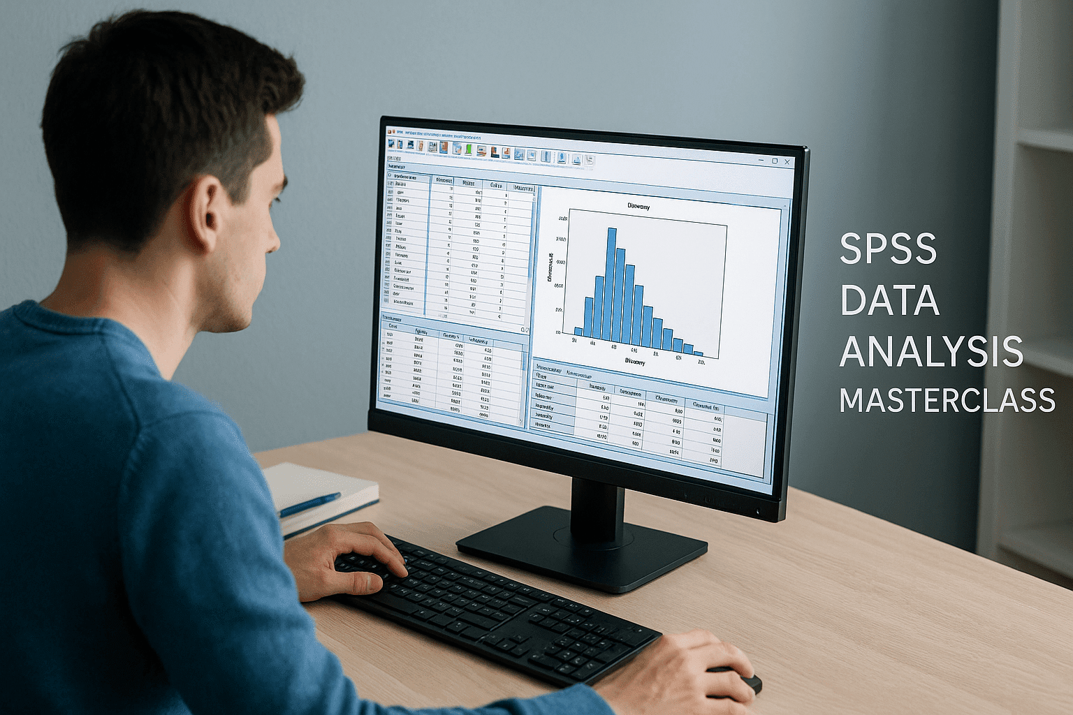 student analysing data on computer using SPSS software for data analysis training