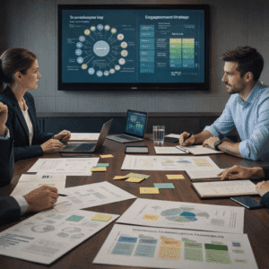 Stakeholder management course showing professionals analysing stakeholder maps and engagement strategies in a modern business setting