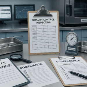 Sterile services quality scene with compliance documents, inspection tools, and monitoring screens in a UK healthcare workspace.