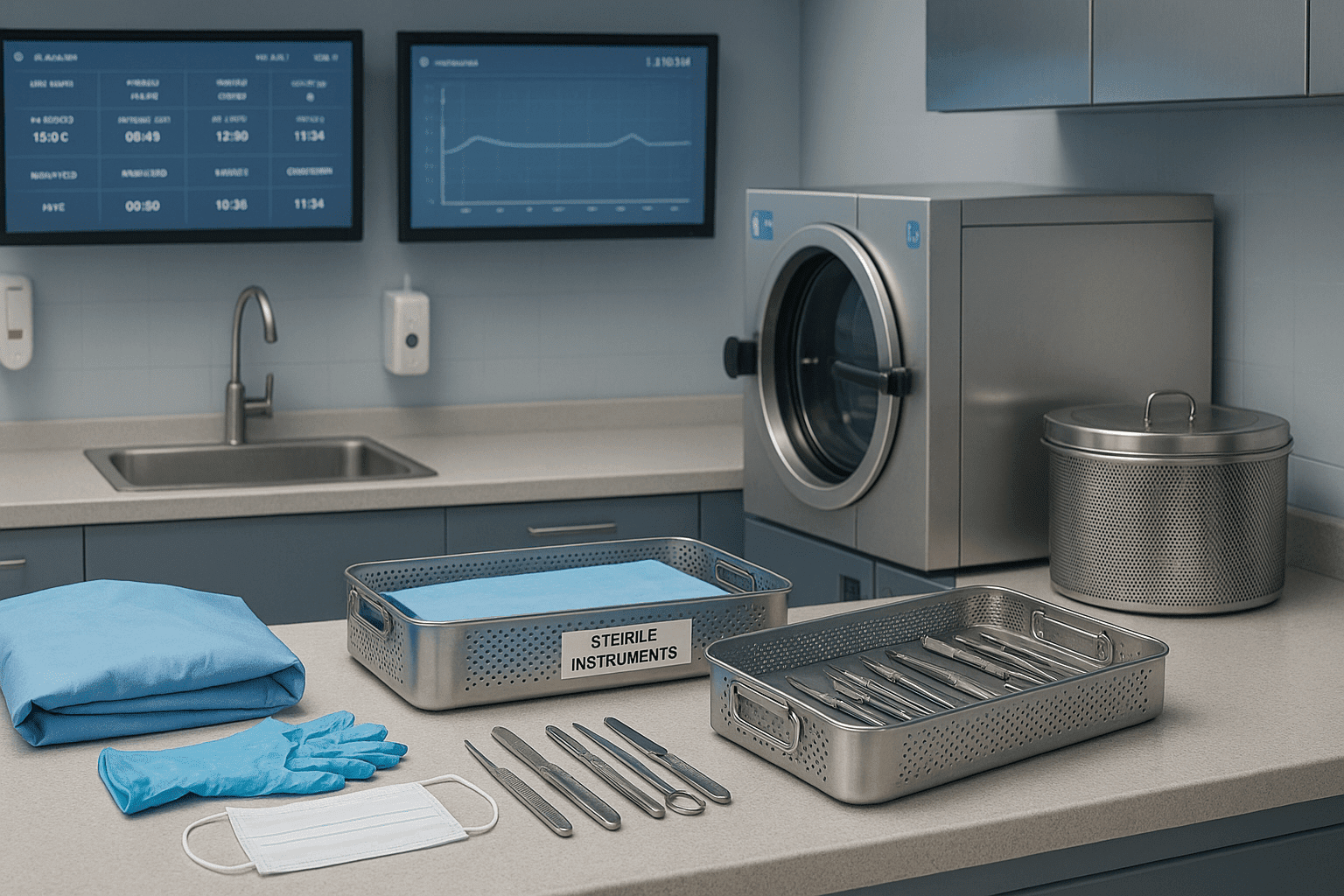 Sterile services training scene with sterilisation tools, PPE, and clean equipment in a modern healthcare setting.