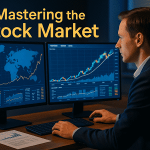 Investor analysing stock market data on dual screens with charts and global trends