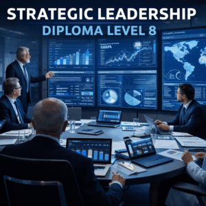 Strategic Leadership Diploma Level 8 training showing executives analysing business strategy and leadership dashboards