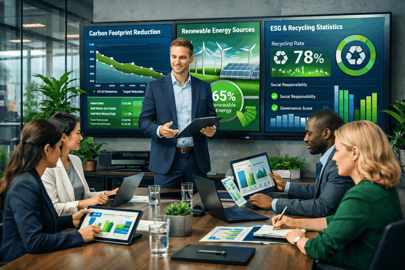 Sustainability manager course professional reviewing environmental and business sustainability data in a modern UK corporate office