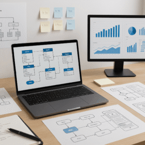 System analysis course workspace featuring diagrams, modelling tools, UI/UX screens, system architecture visuals, and analytical documents.