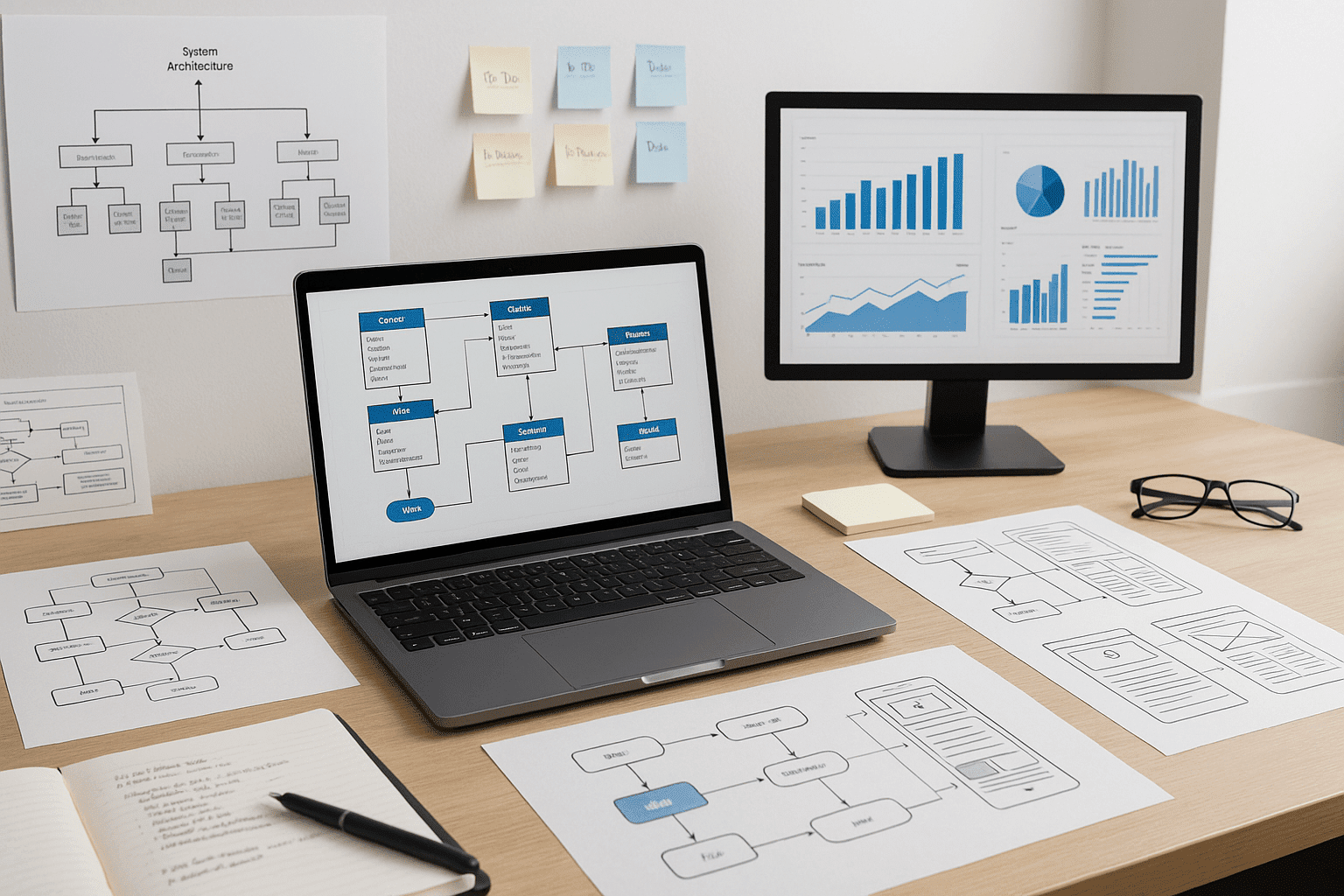 System analysis course workspace featuring diagrams, modelling tools, UI/UX screens, system architecture visuals, and analytical documents.