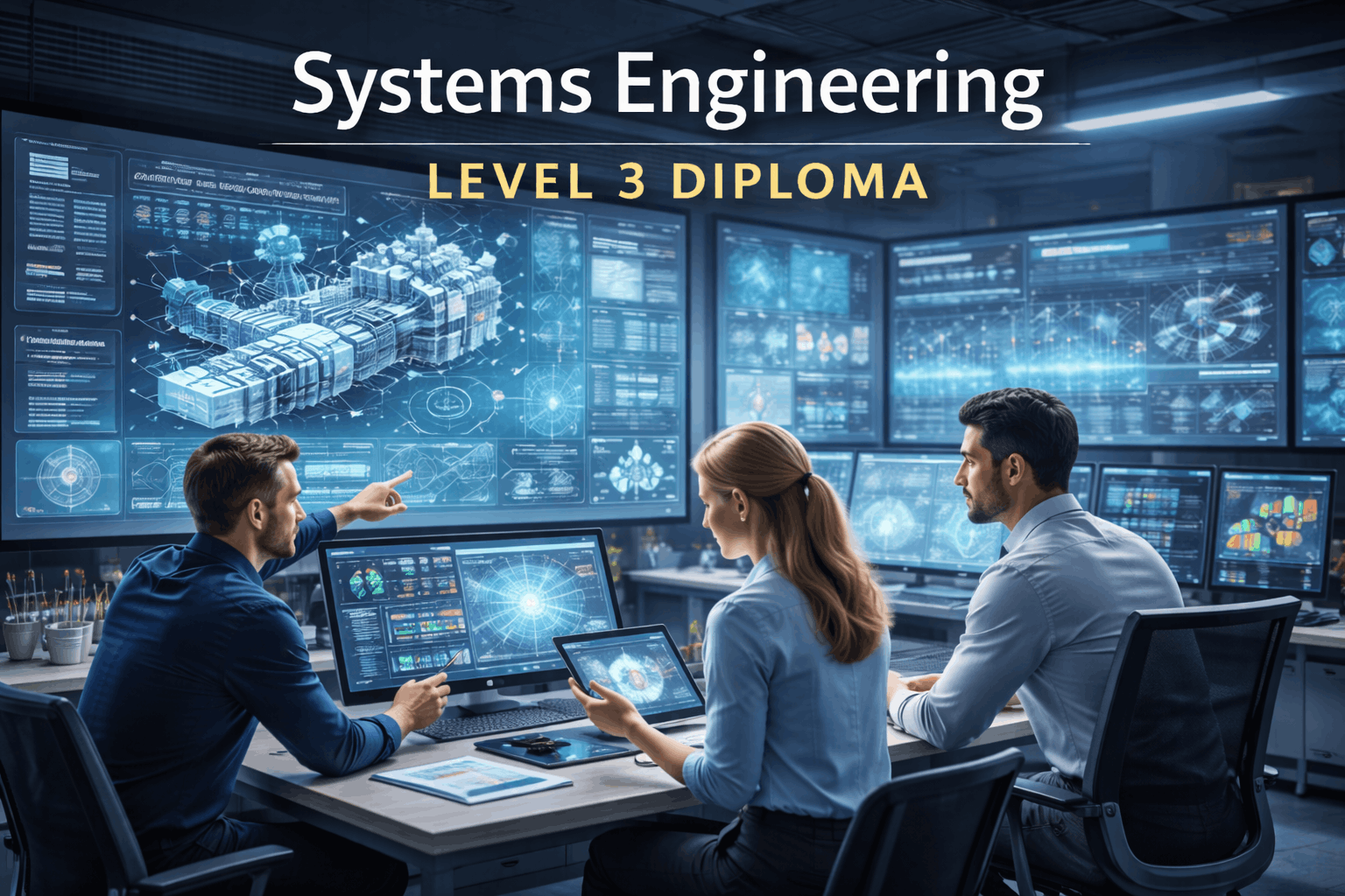 Students analysing digital system models and data in a Systems Engineering Level 3 advanced diploma environment