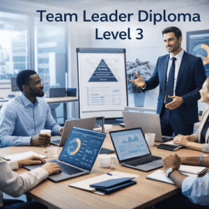 Team leaders guiding a diverse team in a modern office for the Team Leader Diploma Level 3