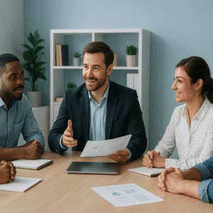 Professional team meeting with a leader guiding discussion, representing team management training in a modern workplace.