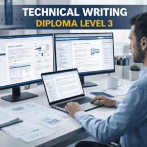 Technical Writing Diploma Level 3 showing a technical writer creating manuals and digital documentation on a computer
