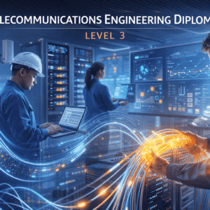 Telecommunications Engineering Diploma Level 3 showing telecom engineers working with 5G, fibre networks and data systems